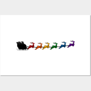 Santa and Sleigh with LGBTQ Pride Rainbow Reindeer Christmas Design Posters and Art